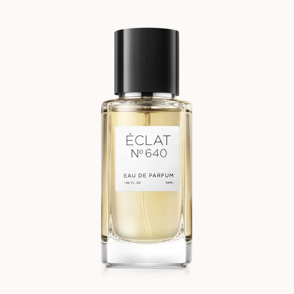 Flacon of the men’s perfume dupe ÉCLAT No. 640, an elegant transparent glass bottle with a black cylindrical magnetic cap and a minimalist white label. The label displays the brand name ÉCLAT, the number 640, and the phrase “Eau de Parfum”.