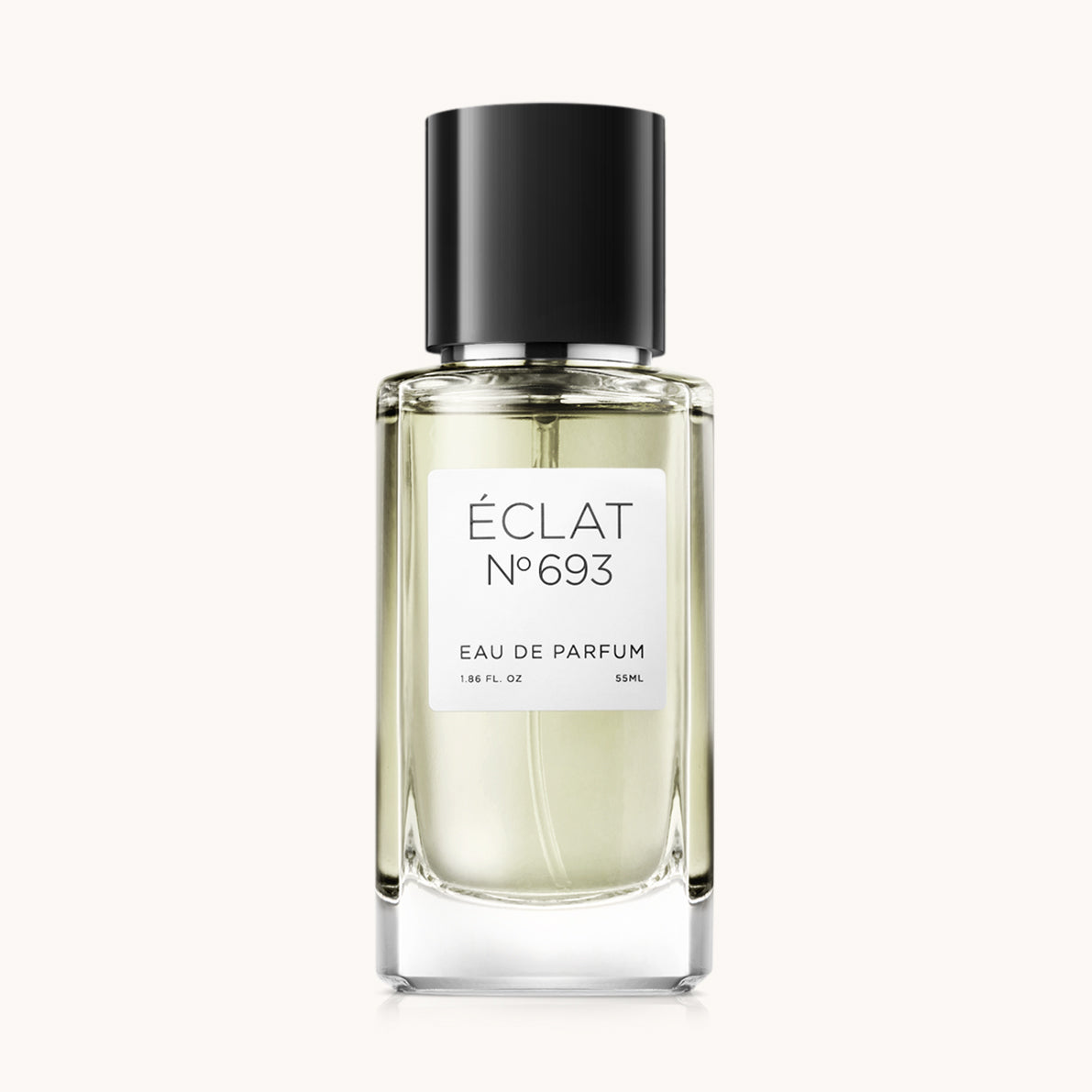 Flacon of the men’s perfume dupe ÉCLAT No. 693, an elegant transparent glass bottle with a black cylindrical magnetic cap and a minimalist white label. The label displays the brand name ÉCLAT, the number 693, and the phrase “Eau de Parfum”.
