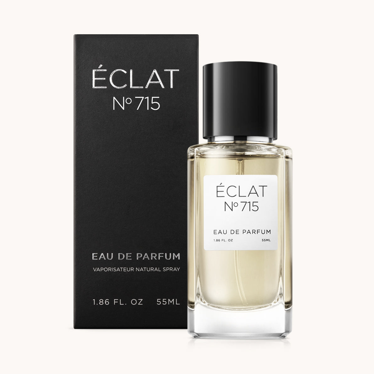 Flacon of the men’s perfume dupe ÉCLAT No. 715, an elegant transparent glass bottle with a black cylindrical magnetic cap and a minimalist white label. The label displays the brand name ÉCLAT, the number 715, and the phrase “Eau de Parfum”.