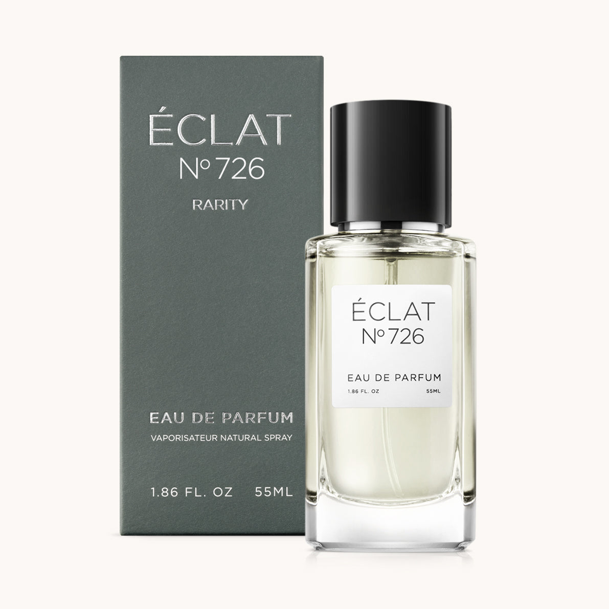 Flacon of the men’s perfume dupe ÉCLAT No. 726 RAR, an elegant transparent glass bottle with a black cylindrical magnetic cap and a minimalist white label. The label displays the brand name ÉCLAT, the number 726 RAR, and the phrase “Eau de Parfum”.