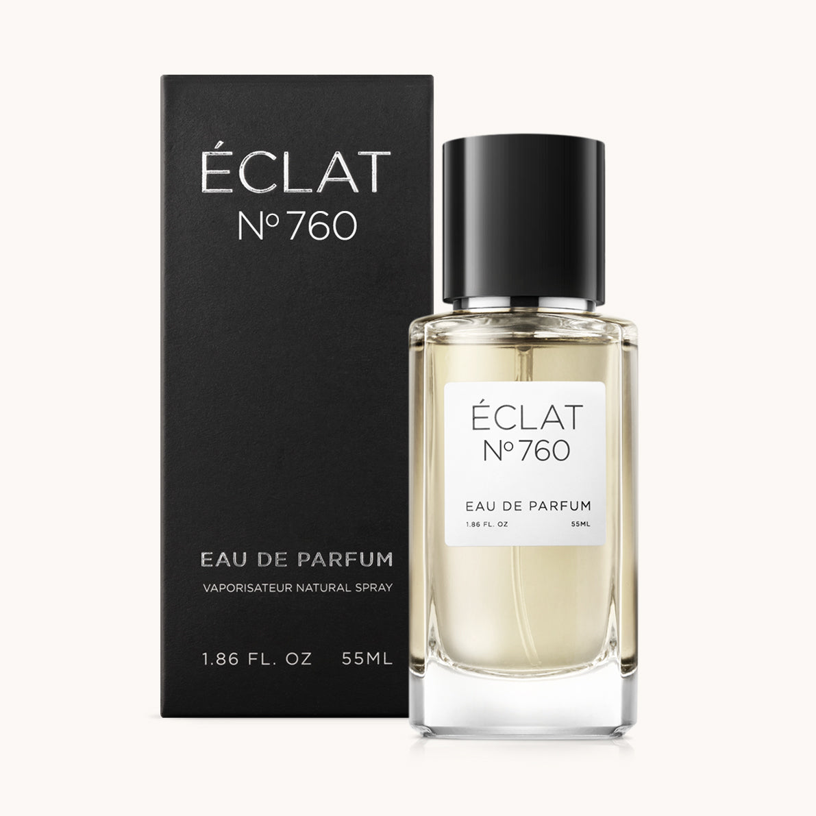 Flacon of the men’s perfume dupe ÉCLAT No. 760, an elegant transparent glass bottle with a black cylindrical magnetic cap and a minimalist white label. The label displays the brand name ÉCLAT, the number 760, and the phrase “Eau de Parfum”.