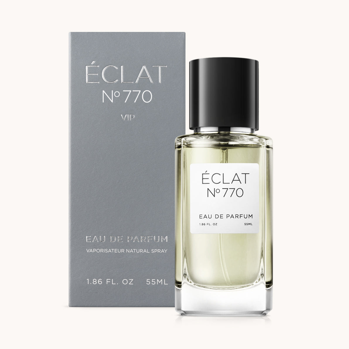 Flacon of the men’s perfume dupe ÉCLAT No. 770 VIP, an elegant transparent glass bottle with a black cylindrical magnetic cap and a minimalist white label. The label displays the brand name ÉCLAT, the number 770 VIP, and the phrase “Eau de Parfum”.