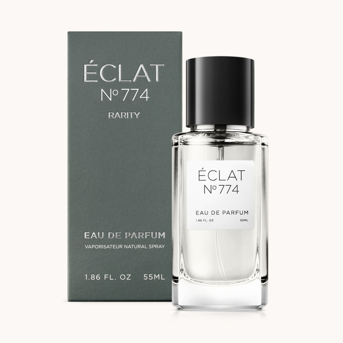 Flacon of the men’s perfume dupe ÉCLAT No. 774 RAR, an elegant transparent glass bottle with a black cylindrical magnetic cap and a minimalist white label. The label displays the brand name ÉCLAT, the number 774 RAR, Nightflight and the phrase “Eau de Parfum”.