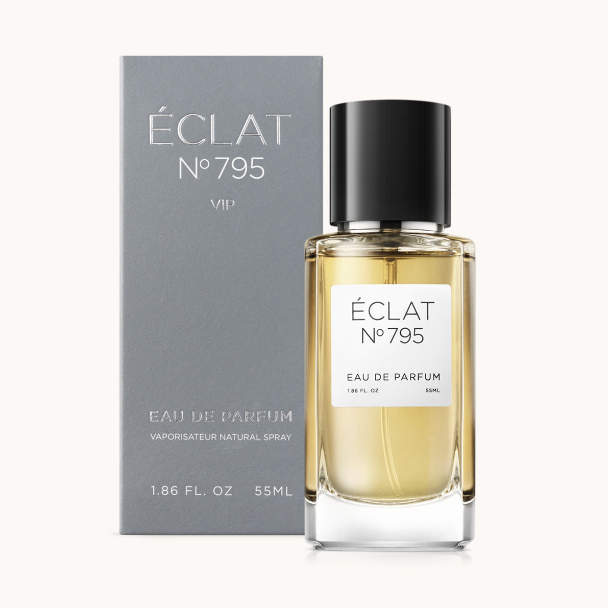 ÉCLAT No. 795 VIP men’s perfume bottle with matching bluish-grey packaging. The elegant flacon features a black cylindrical magnetic cap and a clean white label with the inscription ÉCLAT No. 795 VIP and “Eau de Parfum”.