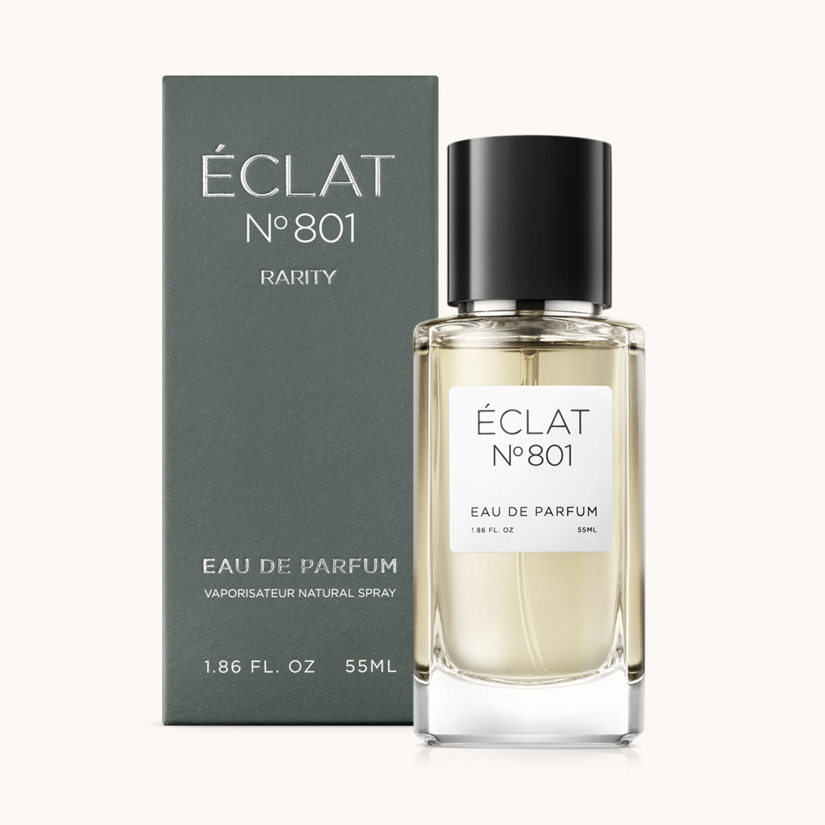 ÉCLAT No. 801 RAR men’s perfume bottle with matching green packaging. The elegant flacon features a black cylindrical magnetic cap and a clean white label with the inscription ÉCLAT No. 801 RAR and “Eau de Parfum”.