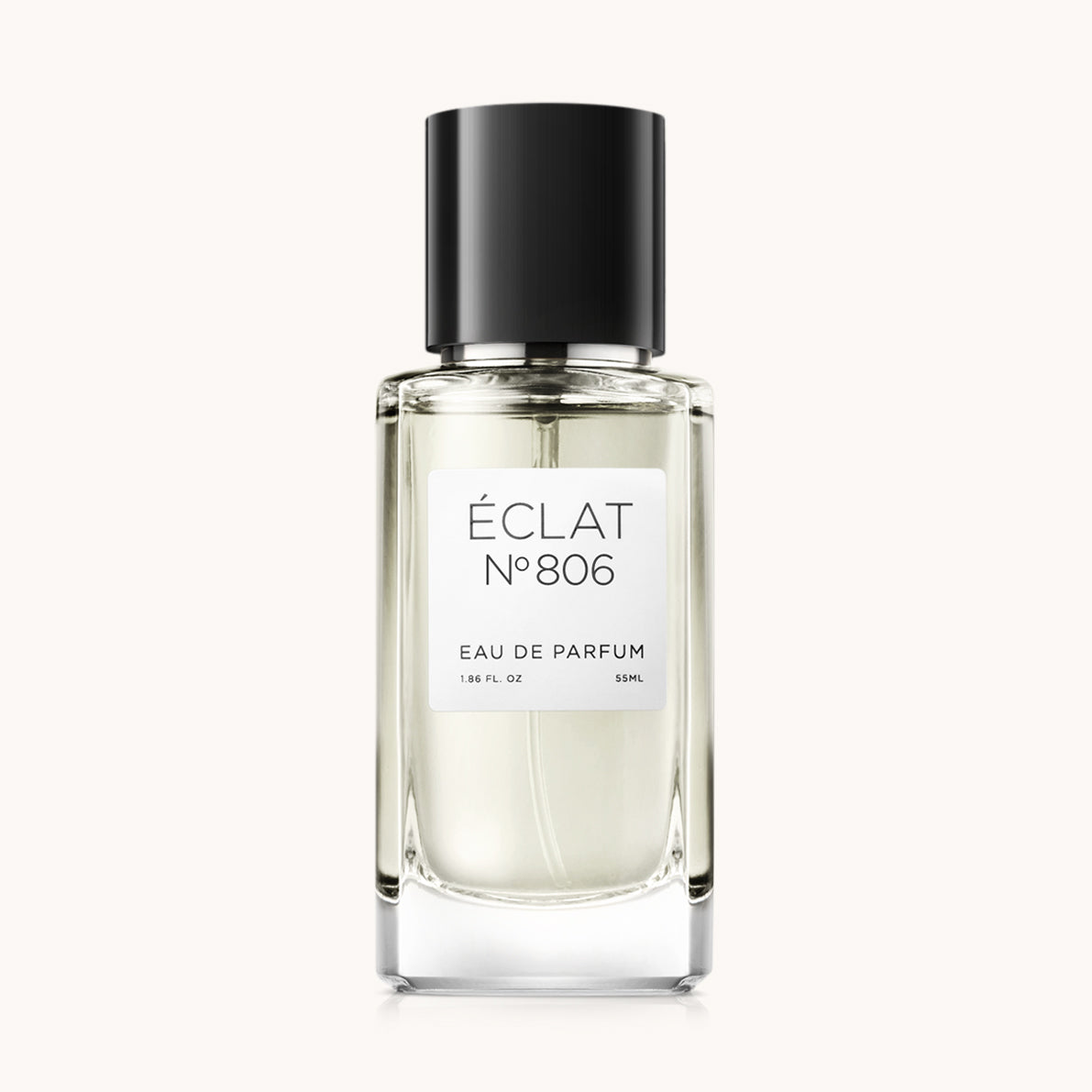 Flacon of the men’s perfume dupe ÉCLAT No. 806, an elegant transparent glass bottle with a black cylindrical magnetic cap and a minimalist white label. The label displays the brand name ÉCLAT, the number 806, and the phrase “Eau de Parfum”.