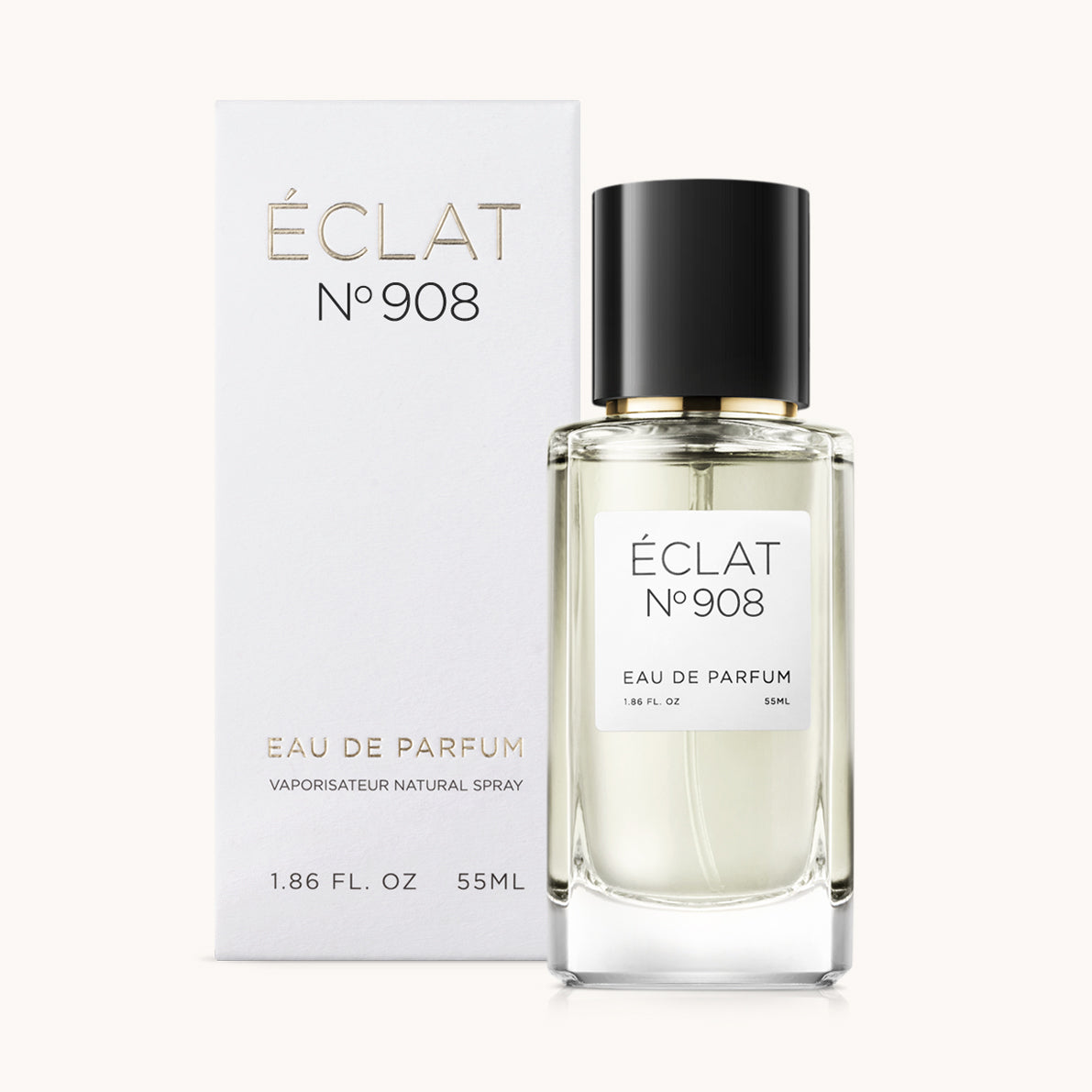 ÉCLAT No. 908 unisex perfume bottle with matching very light grey packaging. The elegant flacon features a black cylindrical magnetic cap and a clean white label with the inscription ÉCLAT No. 908 and “Eau de Parfum”.