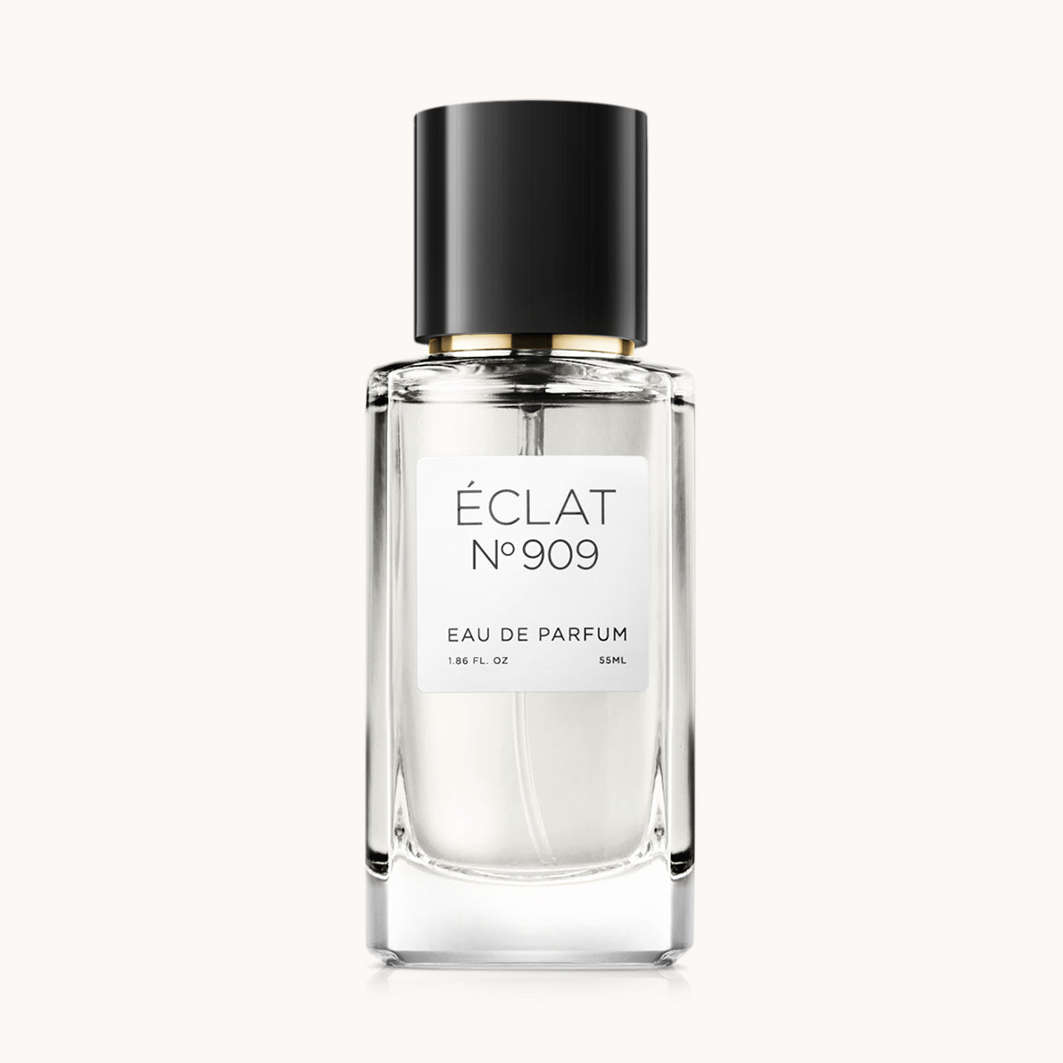 Flacon of the unisex perfume dupe ÉCLAT No. 909, an elegant transparent glass bottle with a black cylindrical magnetic cap and a minimalist white label. The label displays the brand name ÉCLAT, the number 909, and the phrase “Eau de Parfum”.