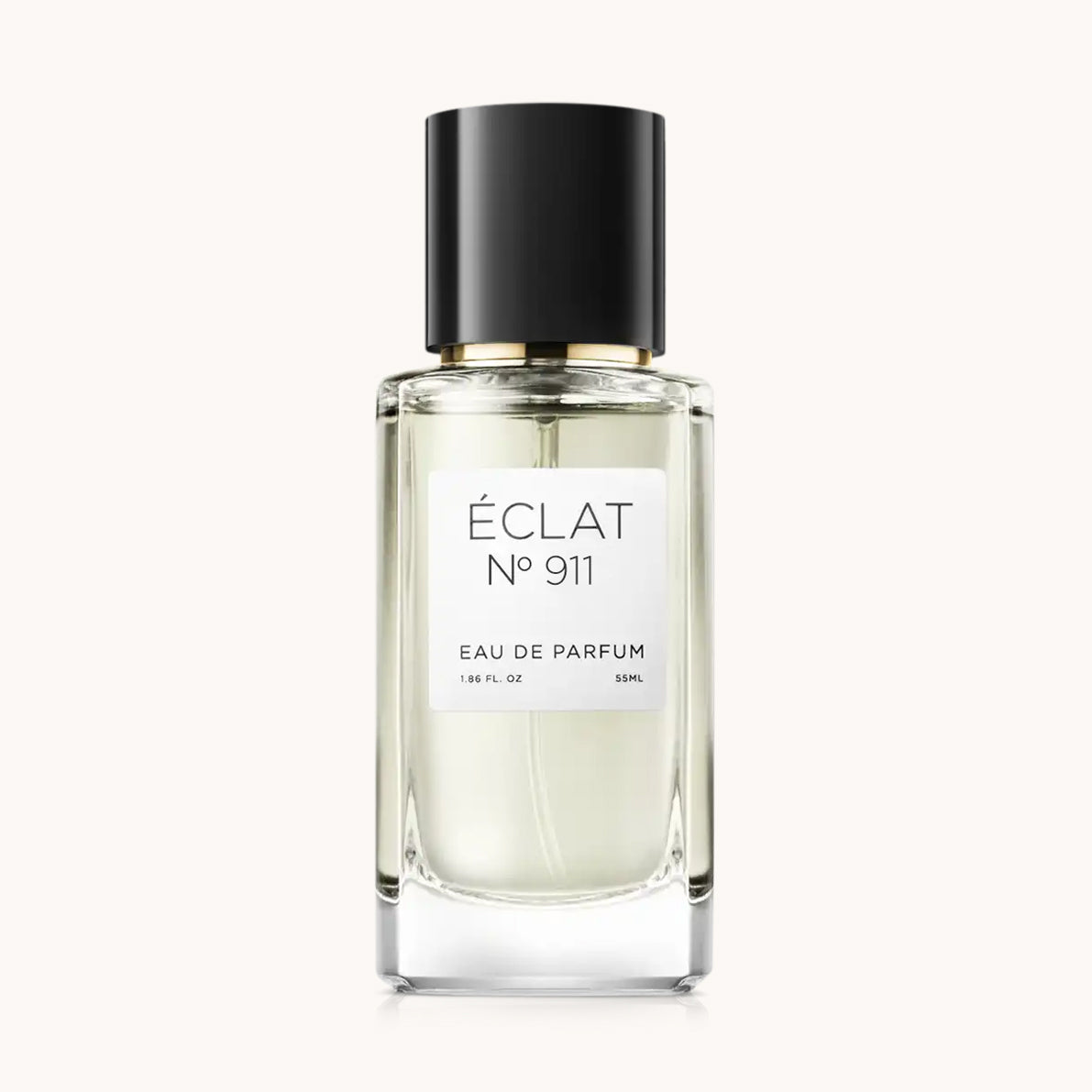 Flacon of the unisex perfume dupe ÉCLAT No. 911 VIP, an elegant transparent glass bottle with a black cylindrical magnetic cap and a minimalist white label. The label displays the brand name ÉCLAT, the number 911 VIP, and the phrase “Eau de Parfum”.