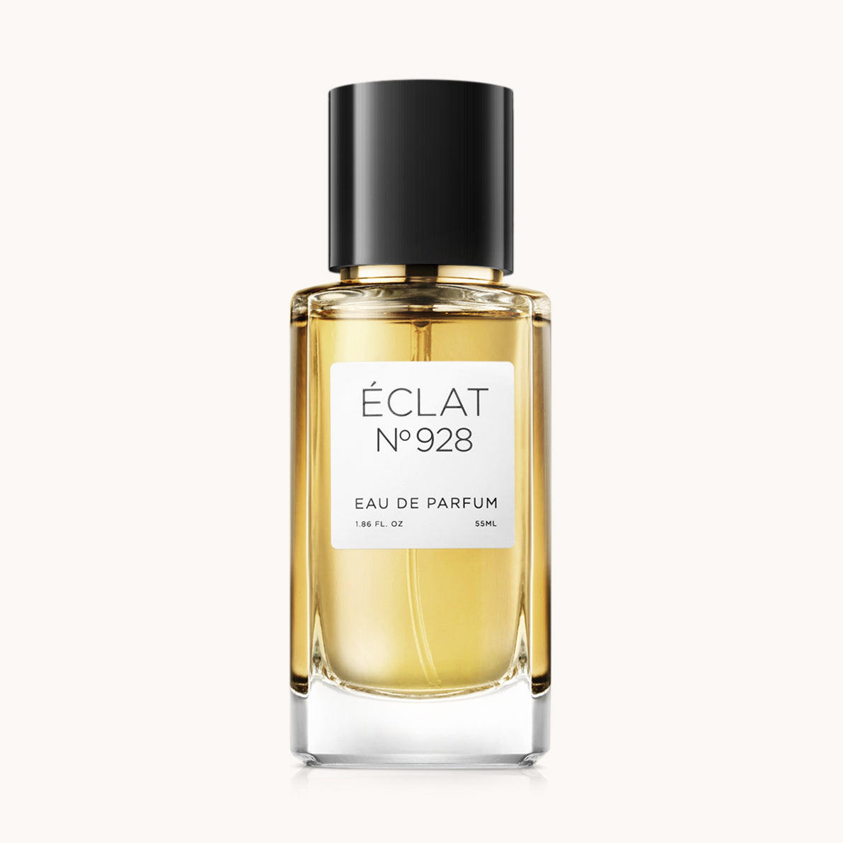 Flacon of the unisex perfume dupe ÉCLAT No. 928 VIP, an elegant transparent glass bottle with a black cylindrical magnetic cap and a minimalist white label. The label displays the brand name ÉCLAT, the number 928 VIP, and the phrase “Eau de Parfum”.