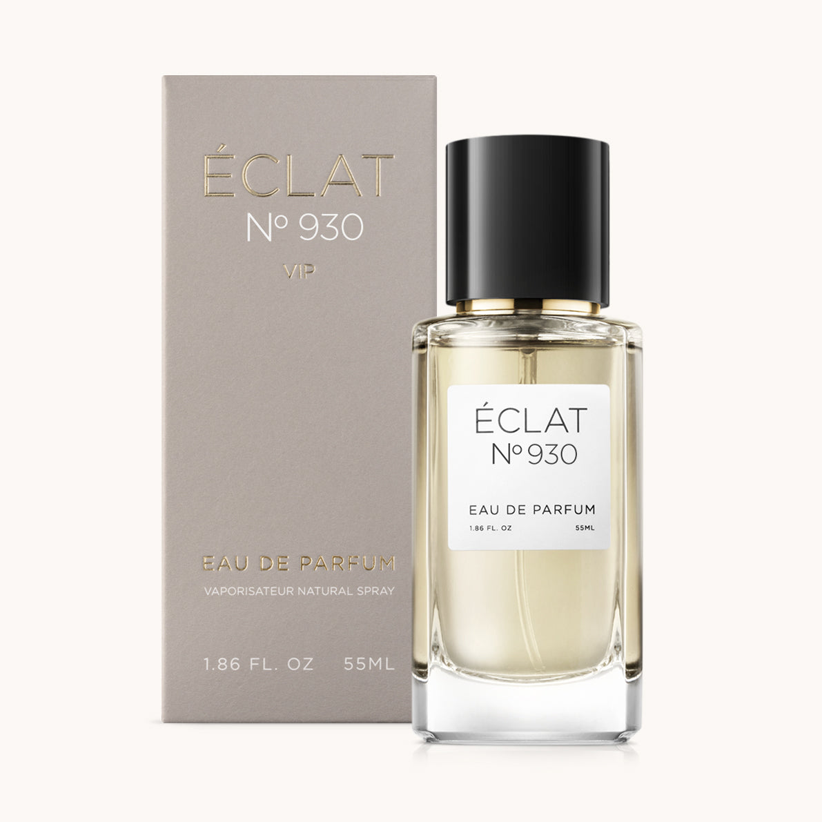 ÉCLAT No. 930 VIP unisex perfume bottle with matching taupe beige packaging. The elegant flacon features a black cylindrical magnetic cap and a clean white label with the inscription ÉCLAT No. 930 VIP and “Eau de Parfum”.