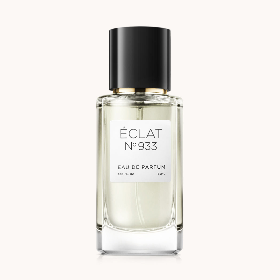 Flacon of the unisex perfume dupe ÉCLAT No. 933 VIP, an elegant transparent glass bottle with a black cylindrical magnetic cap and a minimalist white label. The label displays the brand name ÉCLAT, the number 933 VIP, and the phrase “Eau de Parfum”.