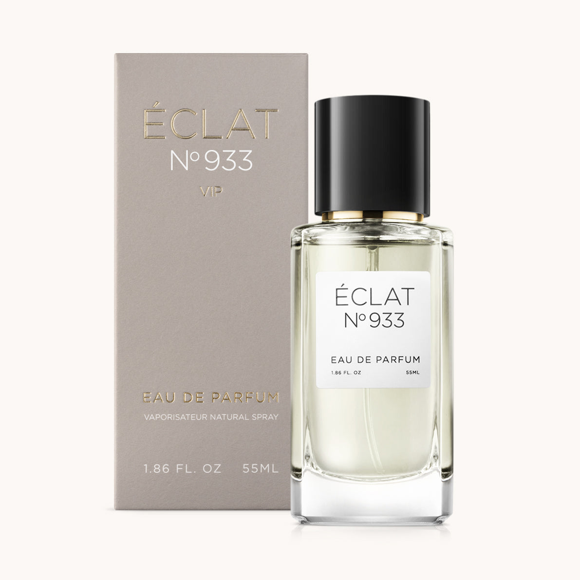 ÉCLAT No. 933 VIP unisex perfume bottle with matching taupe beige packaging. The elegant flacon features a black cylindrical magnetic cap and a clean white label with the inscription ÉCLAT No. 933 VIP and “Eau de Parfum”.