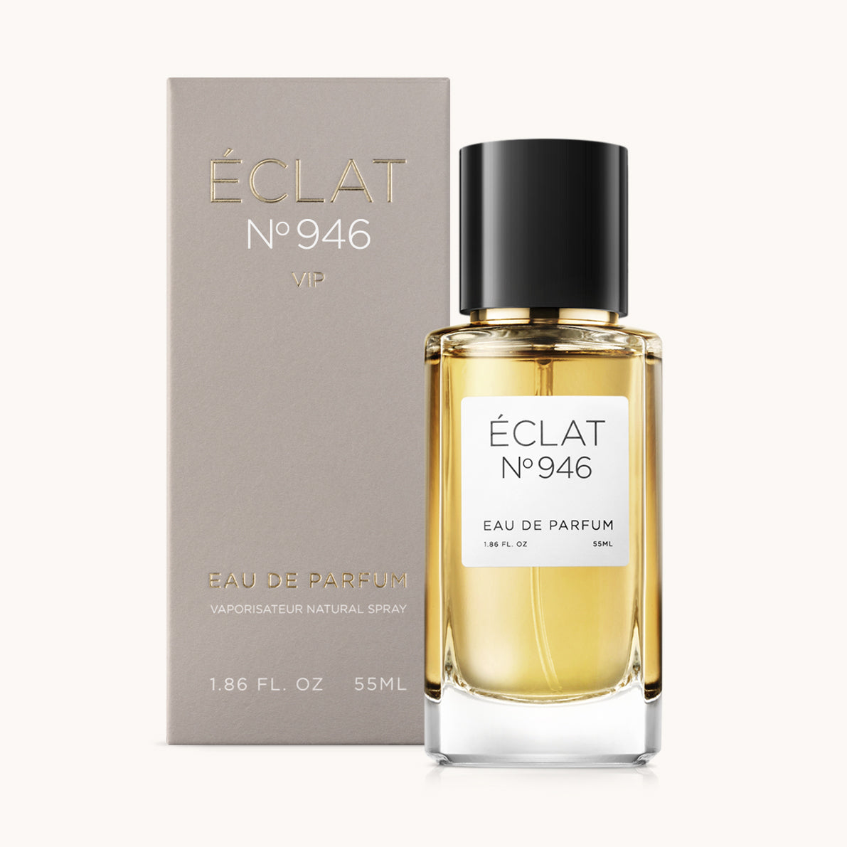 ÉCLAT No. 946 VIP unisex perfume bottle with matching taupe beige packaging. The elegant flacon features a black cylindrical magnetic cap and a clean white label with the inscription ÉCLAT No. 946 VIP and “Eau de Parfum”.
