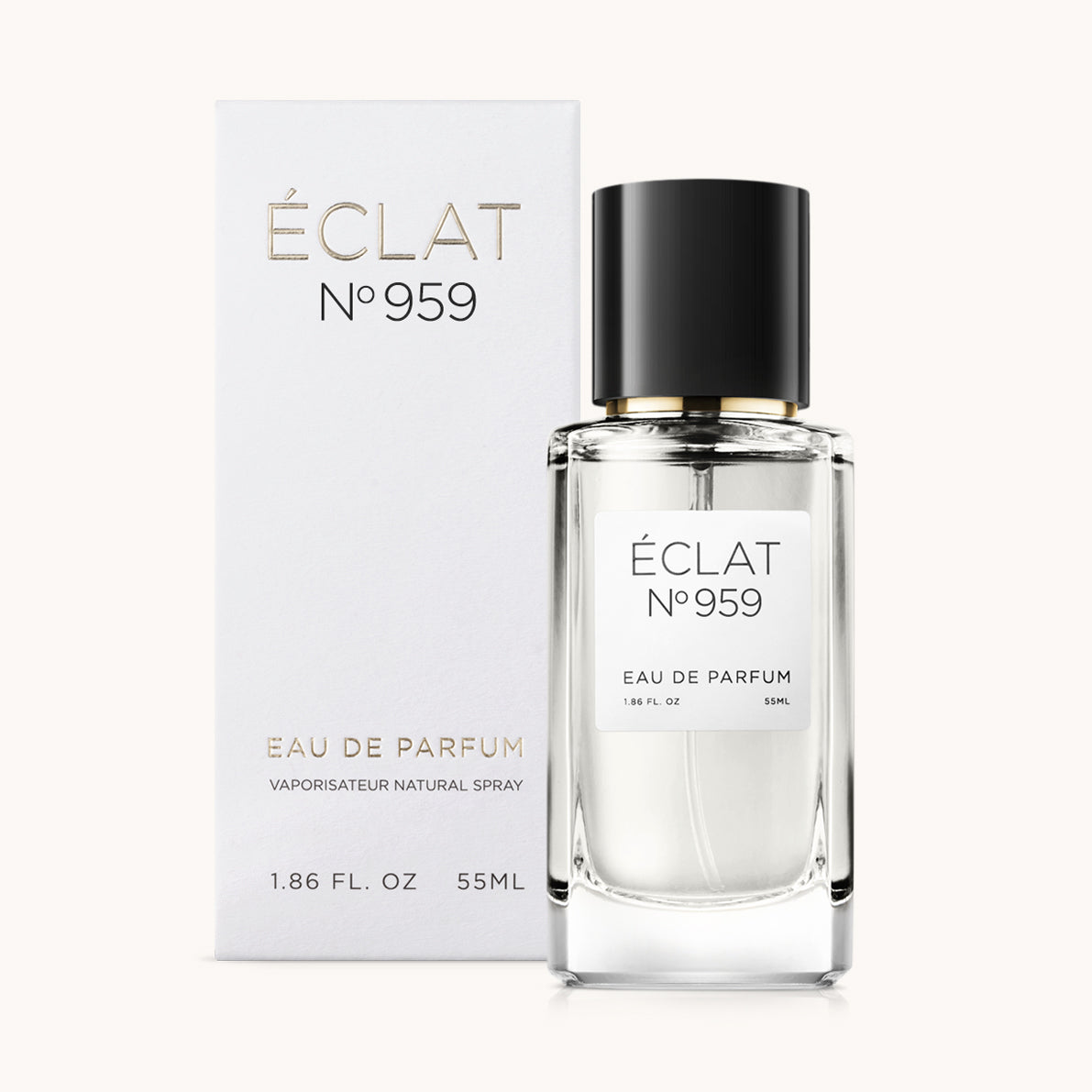 ÉCLAT No. 959 unisex perfume bottle with matching very light grey packaging. The elegant flacon features a black cylindrical magnetic cap and a clean white label with the inscription ÉCLAT No. 959 and “Eau de Parfum”.