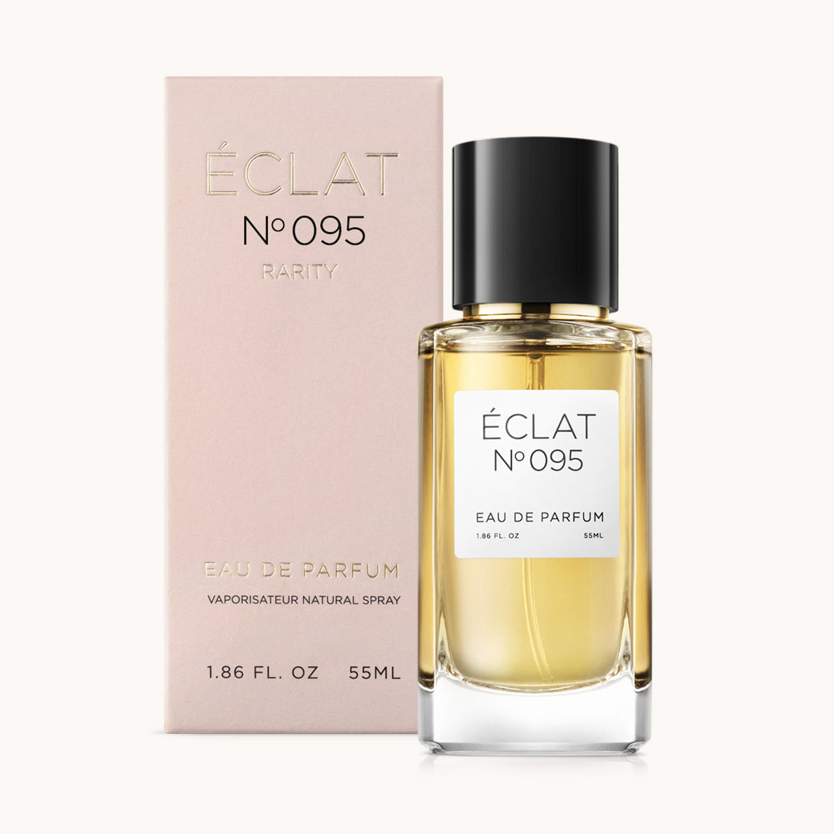 ÉCLAT No. 095 RAR perfume bottle with matching pink packaging. The elegant glass flacon features a black cylindrical magnetic cap and a simple white label with the inscription ÉCLAT No. 095 RAR and “Eau de Parfum”.