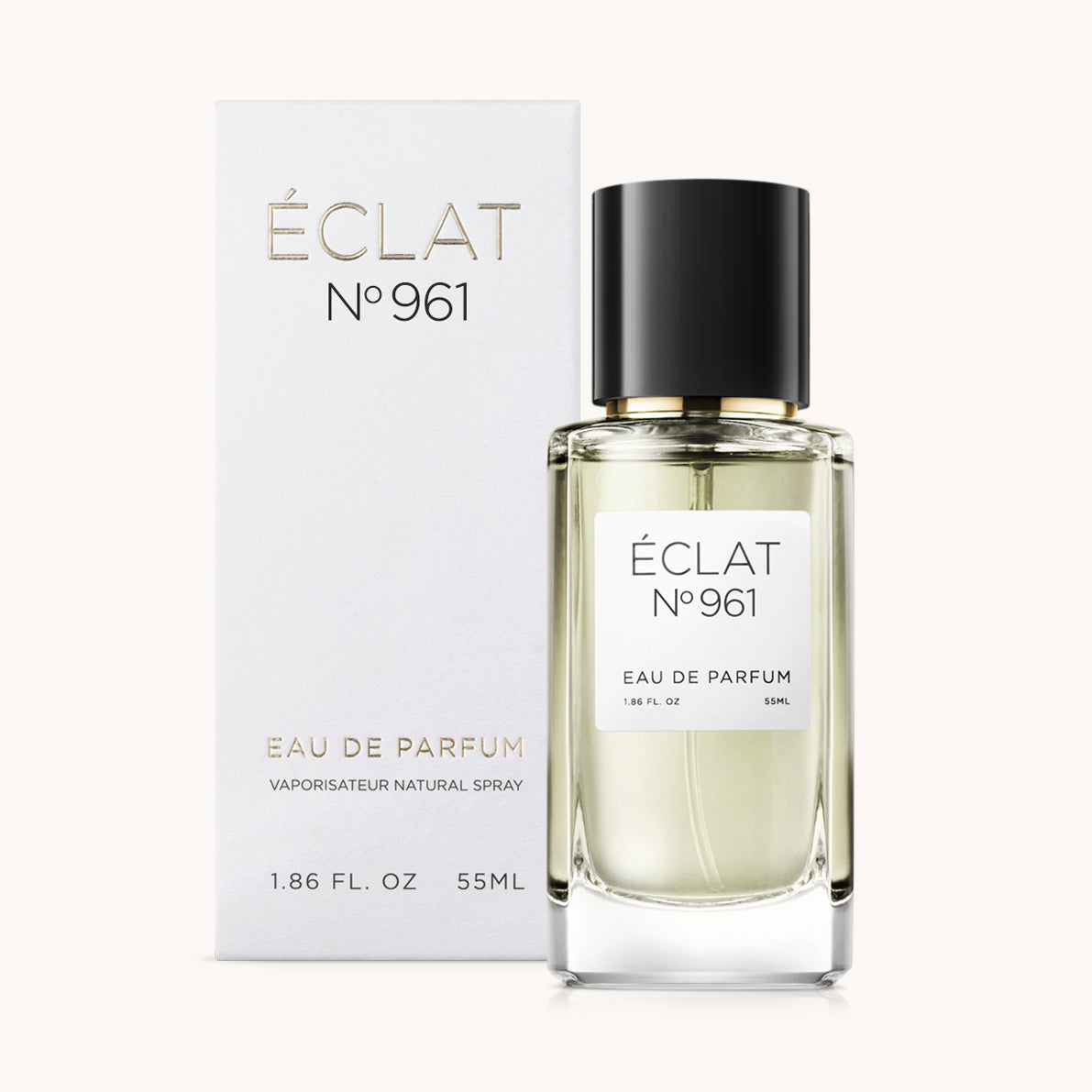 ÉCLAT No. 961 unisex perfume bottle with matching very light grey packaging. The elegant flacon features a black cylindrical magnetic cap and a clean white label with the inscription ÉCLAT No. 961 and “Eau de Parfum”.
