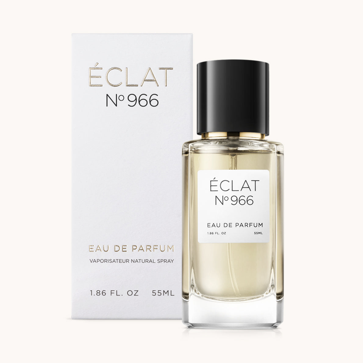 ÉCLAT No. 966 unisex perfume bottle with matching very light grey packaging. The elegant flacon features a black cylindrical magnetic cap and a clean white label with the inscription ÉCLAT No. 966 and “Eau de Parfum”.