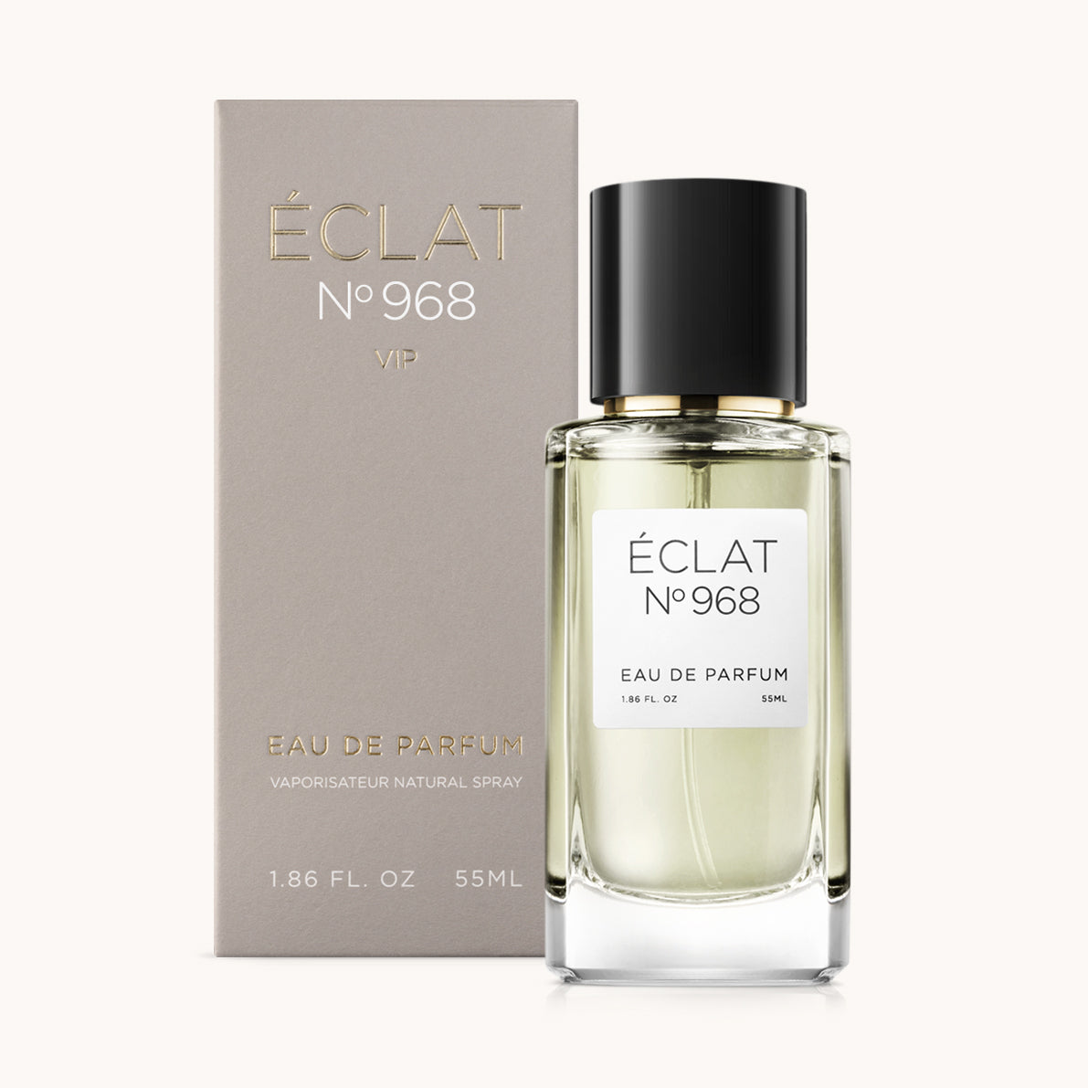 ÉCLAT No. 968 VIP unisex perfume bottle with matching taupe beige packaging. The elegant flacon features a black cylindrical magnetic cap and a clean white label with the inscription ÉCLAT No. 968 VIP and “Eau de Parfum”.