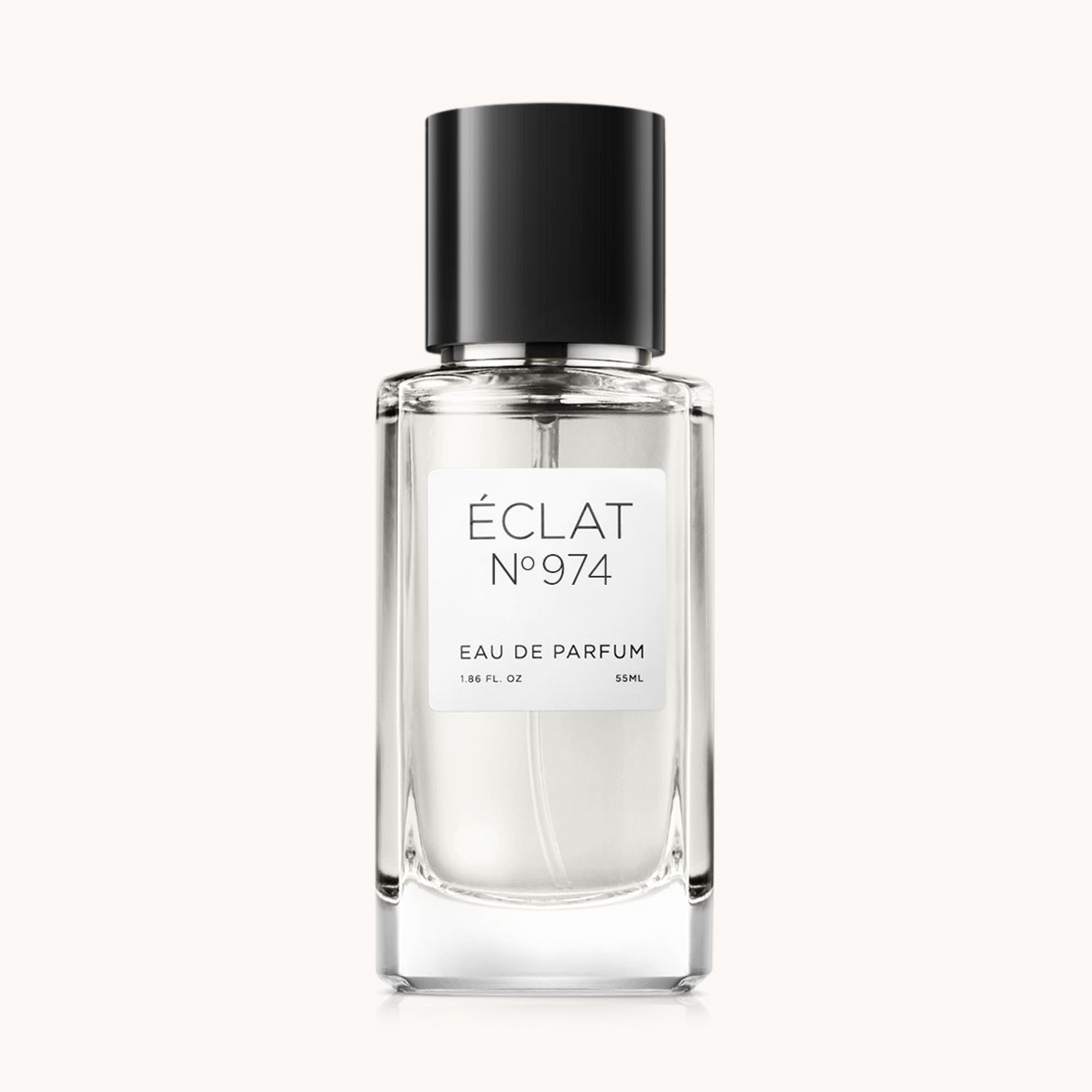 Flacon of the unisex perfume dupe ÉCLAT No. 974 VIP, an elegant transparent glass bottle with a black cylindrical magnetic cap and a minimalist white label. The label displays the brand name ÉCLAT, the number 974 VIP, and the phrase “Eau de Parfum”.