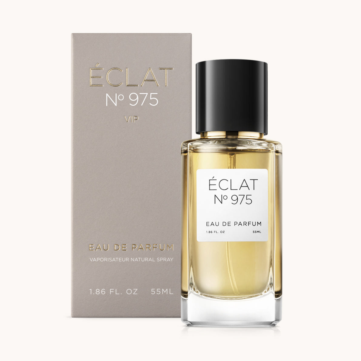 ÉCLAT No. 975 VIP unisex perfume bottle with matching taupe beige packaging. The elegant flacon features a black cylindrical magnetic cap and a clean white label with the inscription ÉCLAT No. 975 VIP and “Eau de Parfum”.