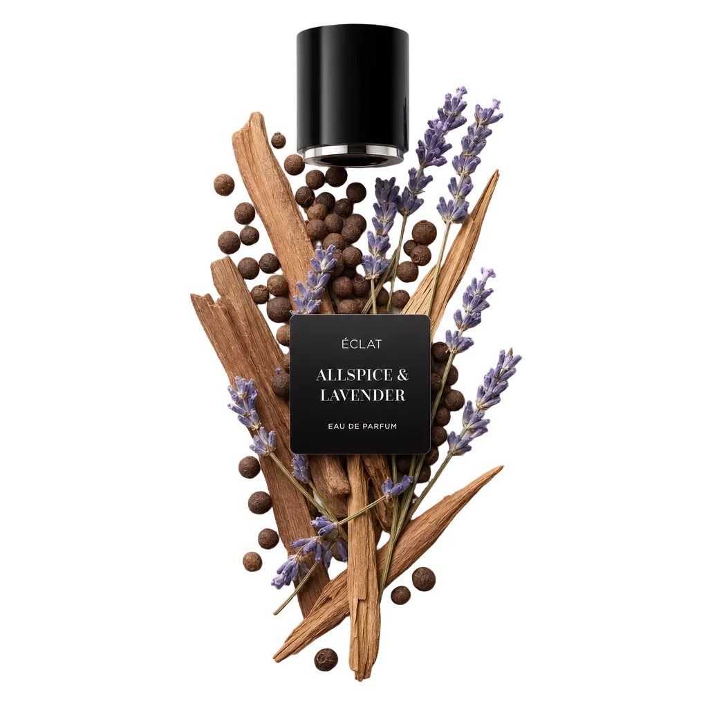 Aranżacja z ziarenek ziela angielskiego, lasek cynamonu i gałązek lawendy otaczająca czarną nakrętkę z etykietą ÉCLAT Allspice & Lavender.