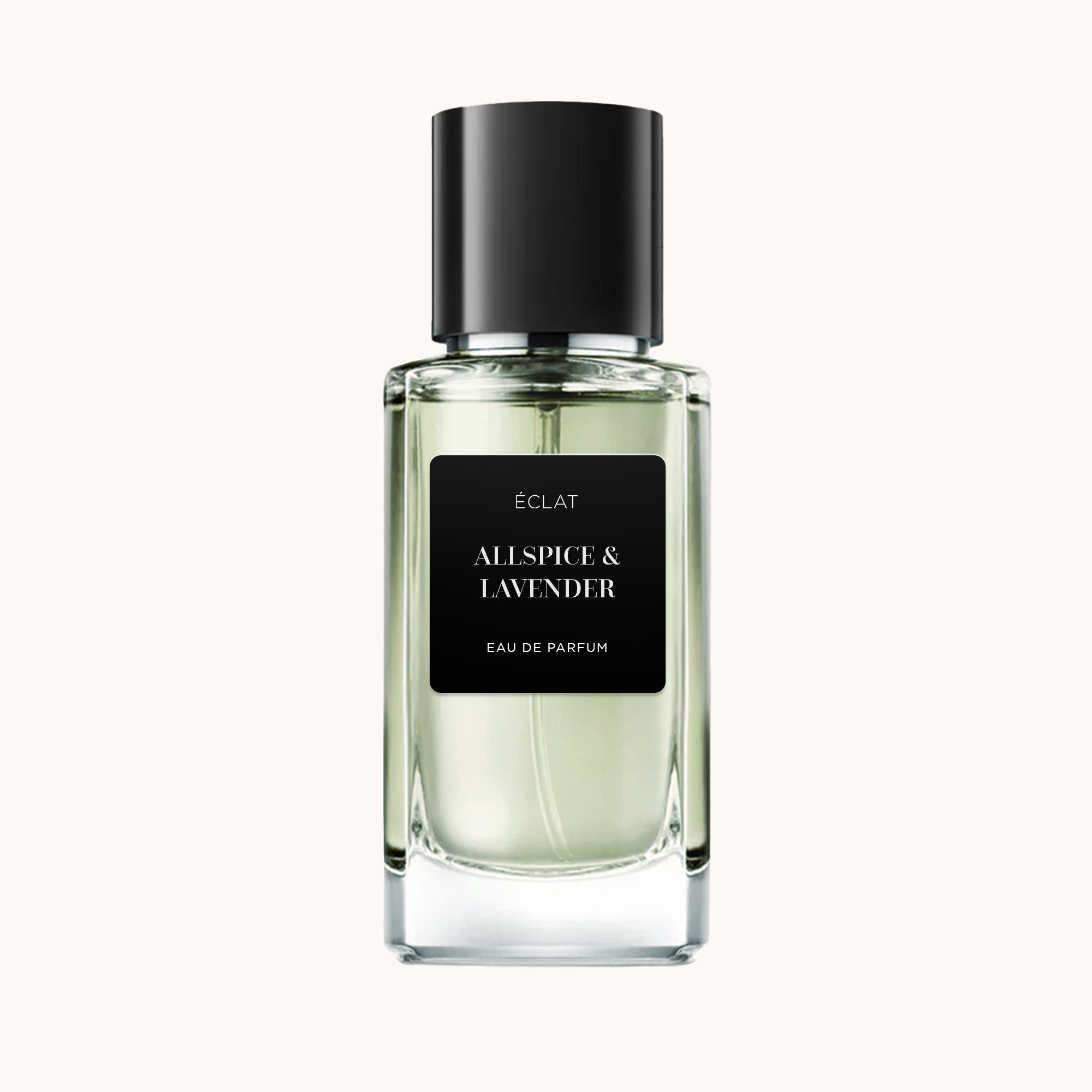 ÉCLAT Allspice & Lavender w szklanej butelce z czarną etykietą i pasującą czarną nakrętką.