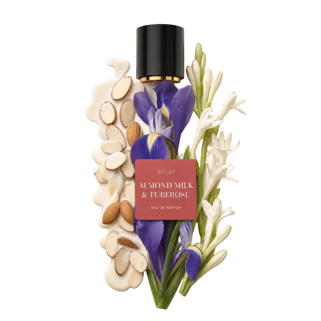 Kompozycja z plasterków migdałów, migdałów, kwiatów irysa i tuberozy otacza czarną nakrętkę ze złotym akcentem i etykietą ÉCLAT Almond Milk & Tuberose.