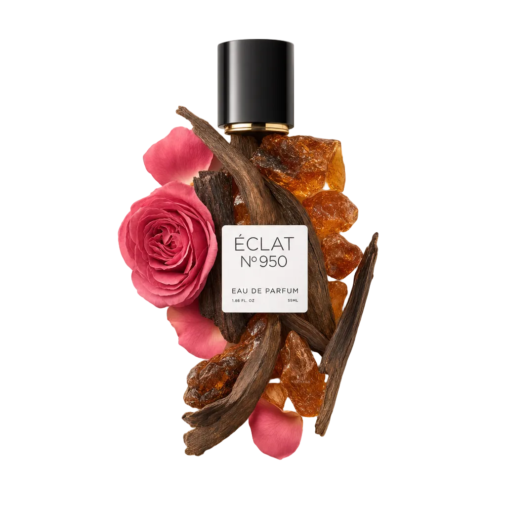 Kompozycja z żywicy bursztynowej, drewna oud i różowej róży z płatkami, otacza czarną nakrętkę z etykietą ÉCLAT Ambergris & Oud.