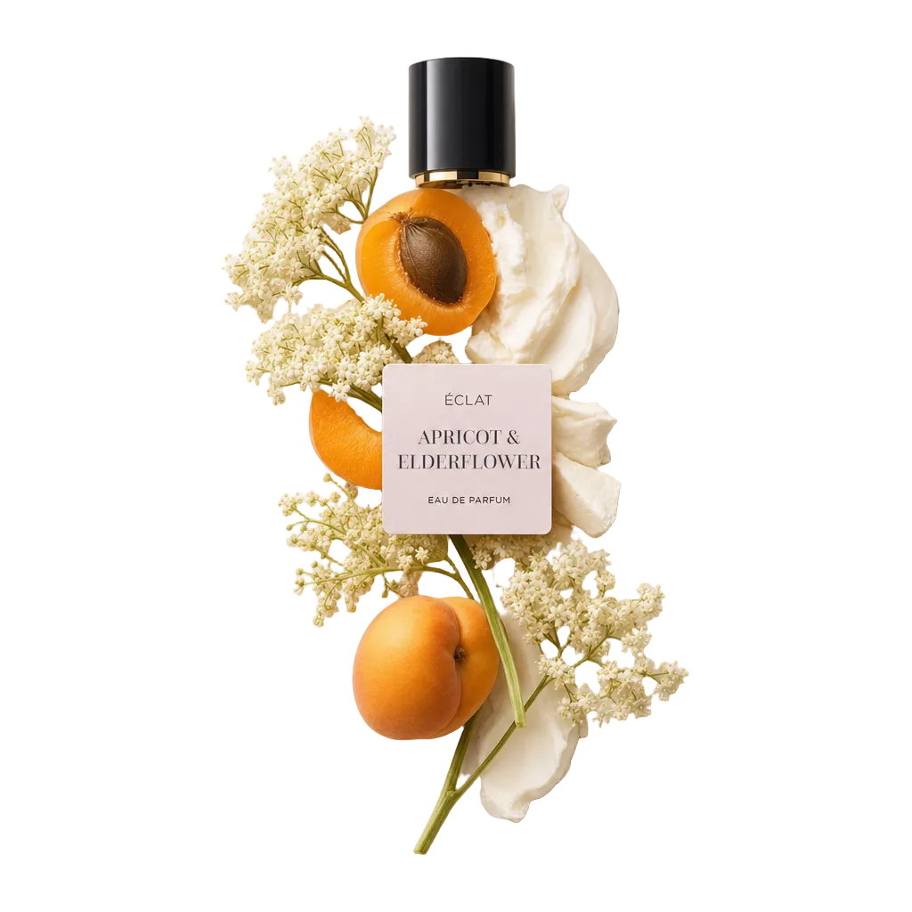 Kompozycja świeżych moreli, kwiatów czarnego bzu i delikatnego kremu, w towarzystwie czarnej nakrętki z etykietą ÉCLAT Apricot & Elderflower.