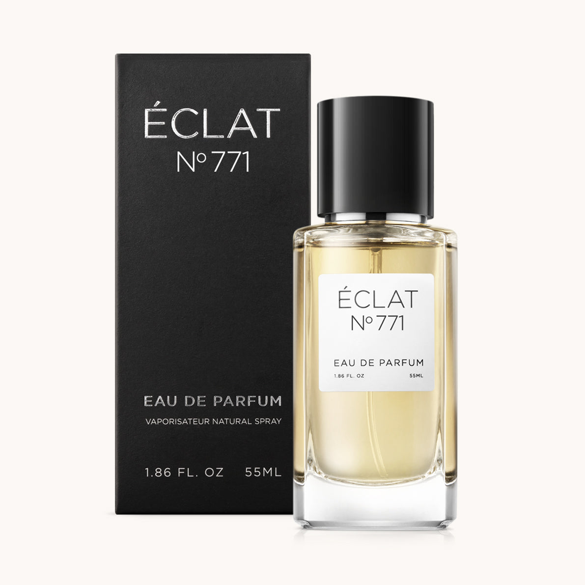 ÉCLAT Aquatic Ambroxide w przezroczystej szklanej butelce z elegancką czarną nakrętką, w towarzystwie pasującego czarnego pudełka z elegancką typografią.
