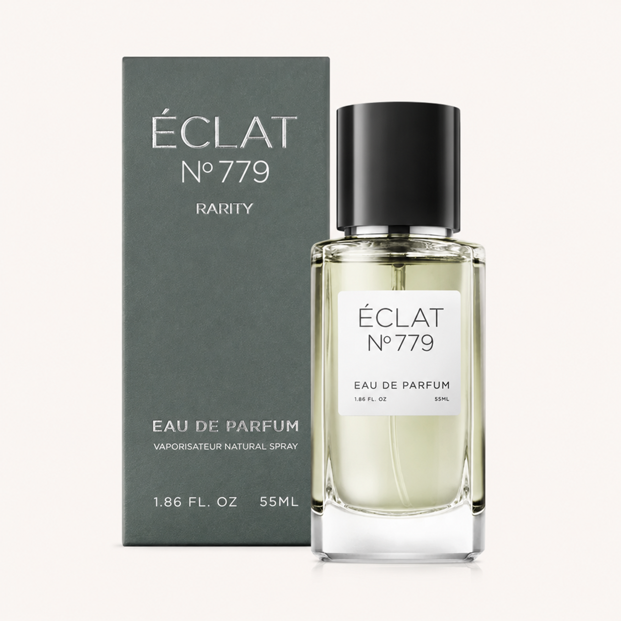 Perfumy ÉCLAT Aquatic Rosemary z fasetowaną szklaną butelką i czarną nakrętką, prezentowane obok matowego, ciemnego pudełka.