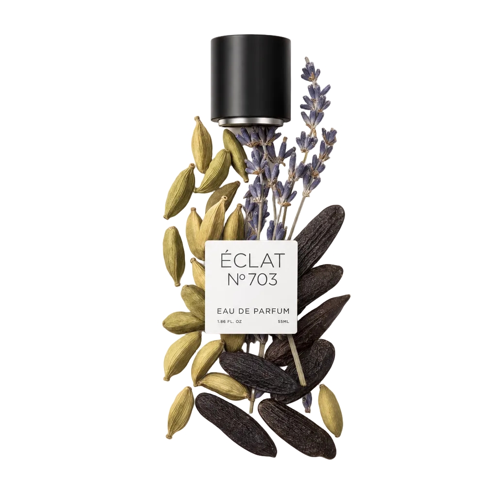 Kompozycja z łupin kardamonu, fasoli tonka i gałązek lawendy otacza czarną nakrętkę z etykietą ÉCLAT Aromatic Cardamom.