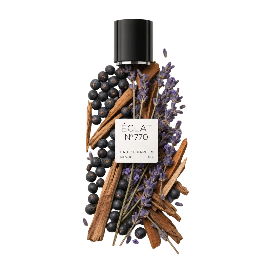 Aranżacja z patyczków sandałowych, jagód jałowca i gałązek lawendy otacza czarną nasadkę z etykietą ÉCLAT Aromatic Sandalwood.