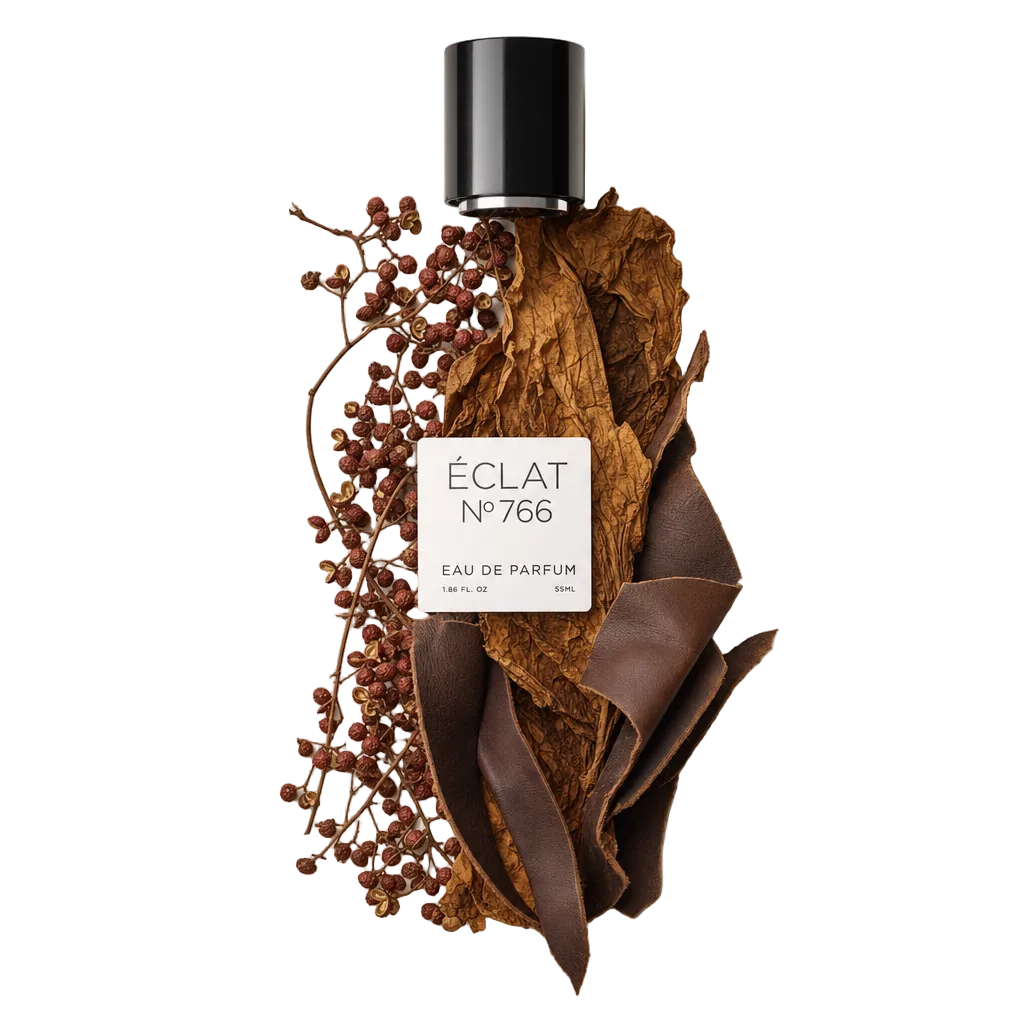 Aranżacja z jagód pieprzu syczuańskiego, suszonych liści tytoniu i pasków skóry otacza czarną nasadkę z etykietą ÉCLAT Aromatic Sichuan Pepper.