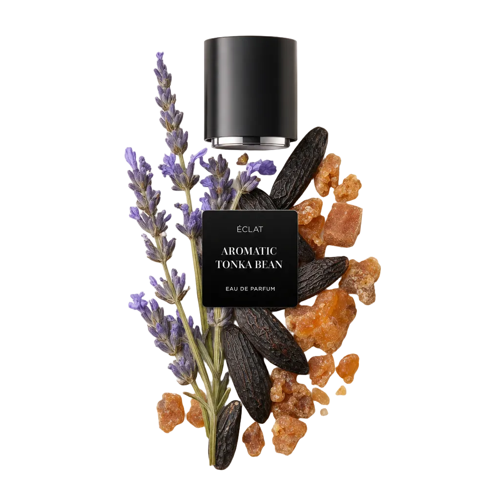 Artystyczna kompozycja gałązek lawendy, fasoli tonka i kawałków żywicy bursztynowej z czarną nasadką z etykietą ÉCLAT Aromatic Tonka Bean.