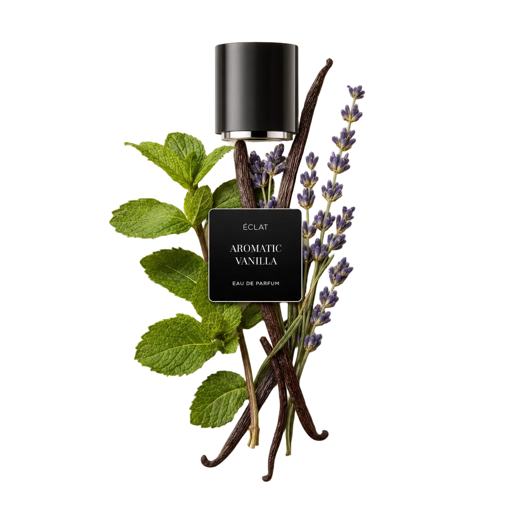 Wyrafinowana kompozycja z liści mięty, gałązek lawendy i lasek wanilii otacza czarną nasadkę z etykietą ÉCLAT Aromatic Vanilla.