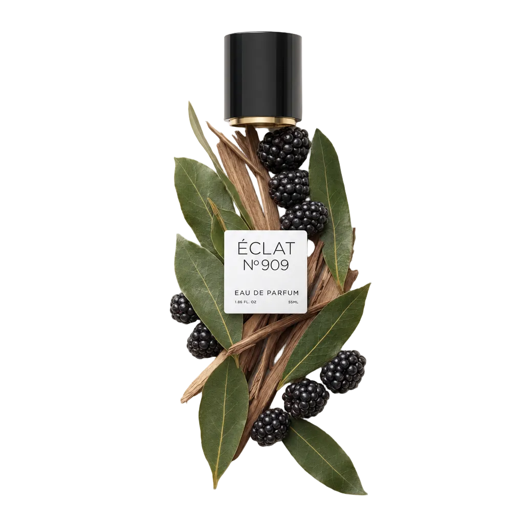 Kompozycja z świeżych jeżyn i liści laurowych otacza czarną zakrętkę z etykietą, reprezentując ÉCLAT Bay Leaf & Blackberry.