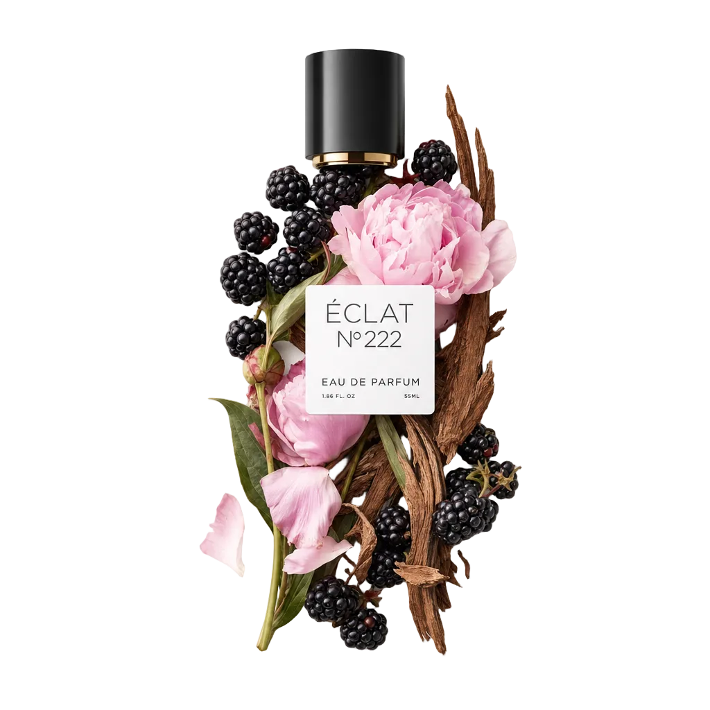 Kompozycja z różowych piwonii, jeżyn i kawałków drewna cedrowego z czarną nakrętką i etykietą ÉCLAT Berries & Cedar.