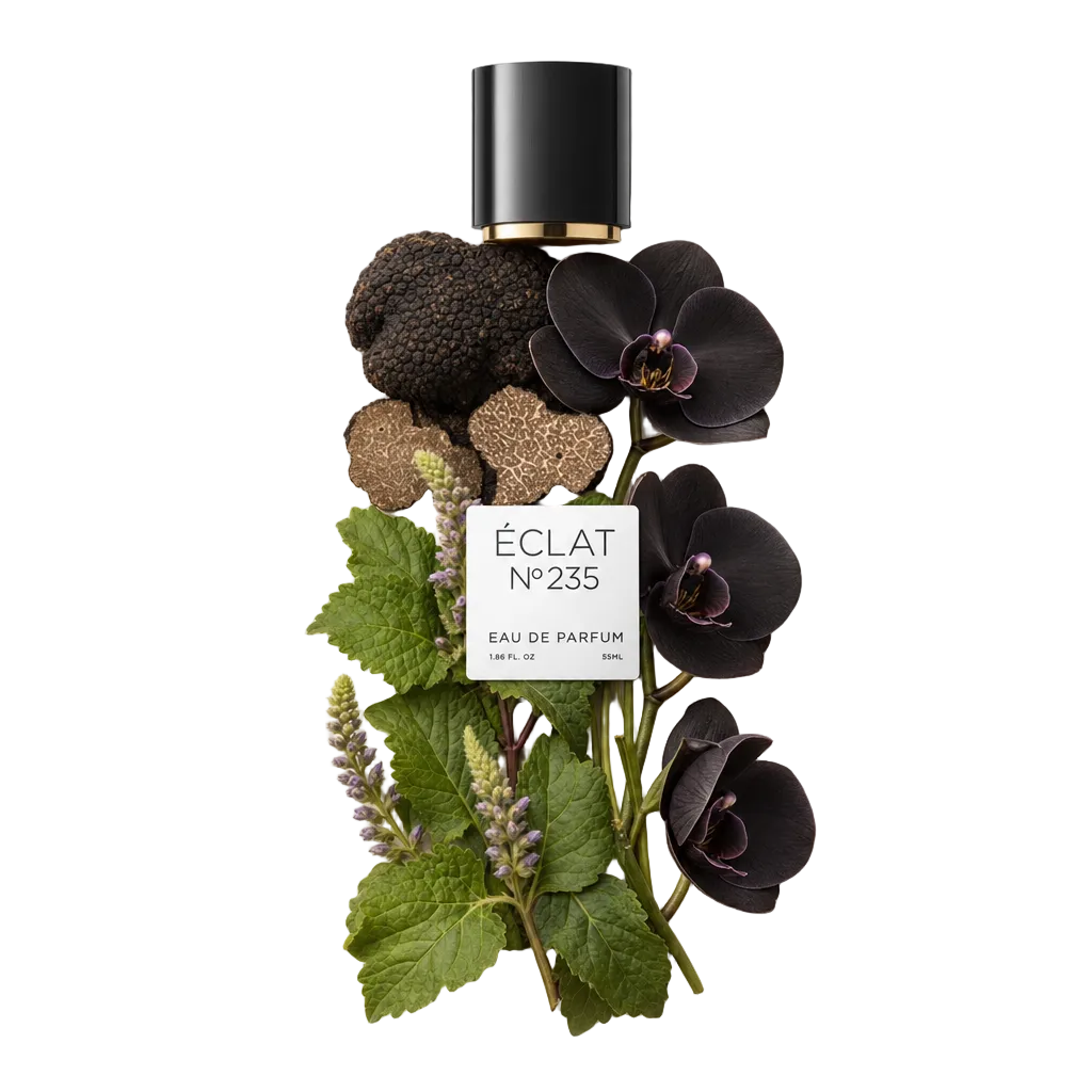 Ręcznie ułożona martwa natura z czarnych trufli, plasterków trufli, czarnych orchidei i zielonych liści otacza czarną zakrętkę z etykietą ÉCLAT Black Truffle & Orchid.