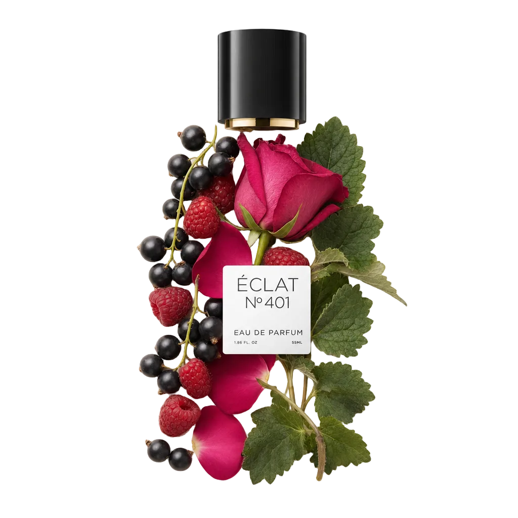 Aranżacja z czarnej porzeczki, malin, różowej róży i zielonych liści wokół czarnej nakrętki z etykietą ÉCLAT Blackcurrant & Raspberry.