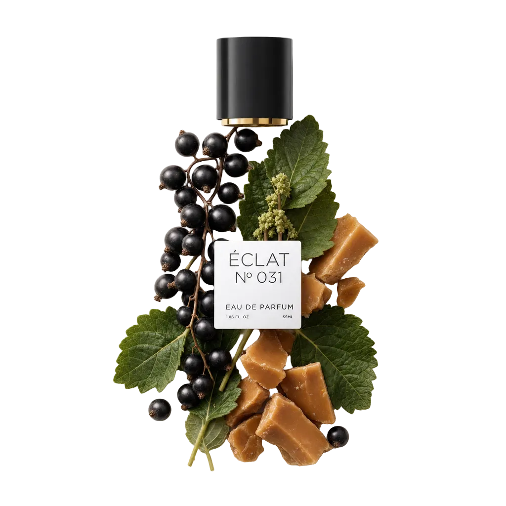 Kompozycja z czarnej porzeczki i kawałków toffi z zielonymi liśćmi otacza czarną nakrętkę z etykietą ÉCLAT Blackcurrant & Toffee.