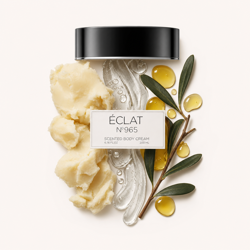 Czarna zakrętka z etykietą dla ÉCLAT 965 Body Cream otoczona jest kremowym masłem, przezroczystym żelem, bursztynowymi kroplami i zielonymi liśćmi.