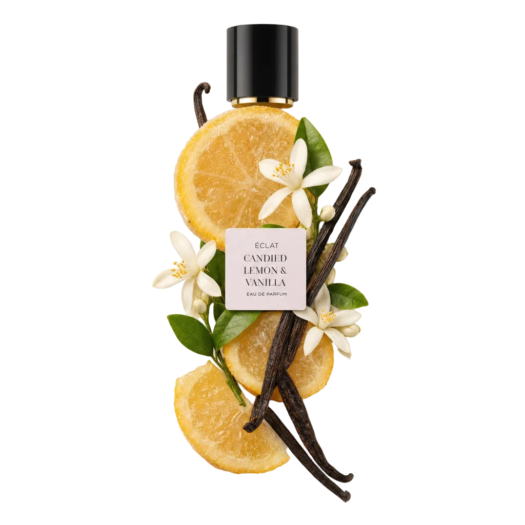 Układ z kandyzowanych plasterków cytryny, lasek wanilii i białych kwiatów otacza czarną nakrętkę z etykietą ÉCLAT Candied Lemon & Vanilla.