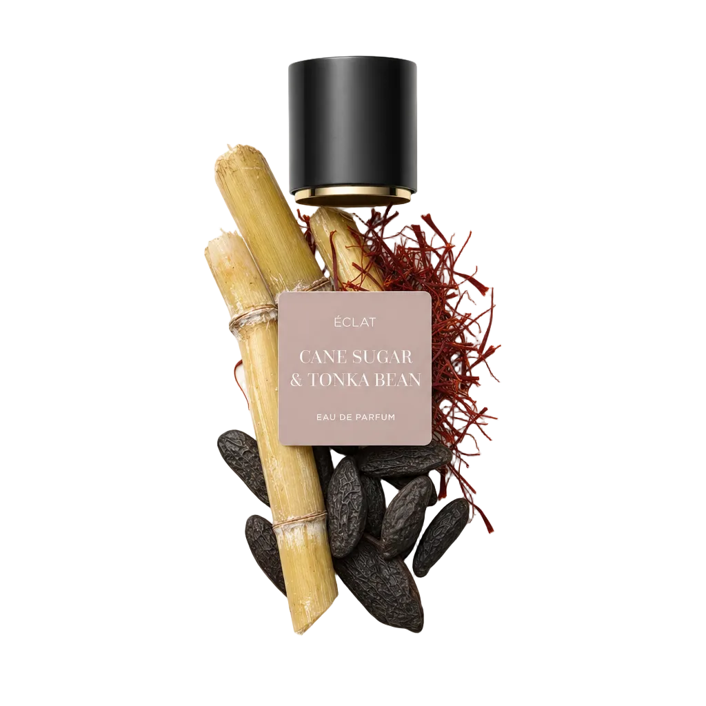 Aranżacja z surowych fasoli tonka, lasek trzciny cukrowej i nitek szafranu, z czarną nasadką z etykietą ÉCLAT Cane Sugar & Tonka Bean.