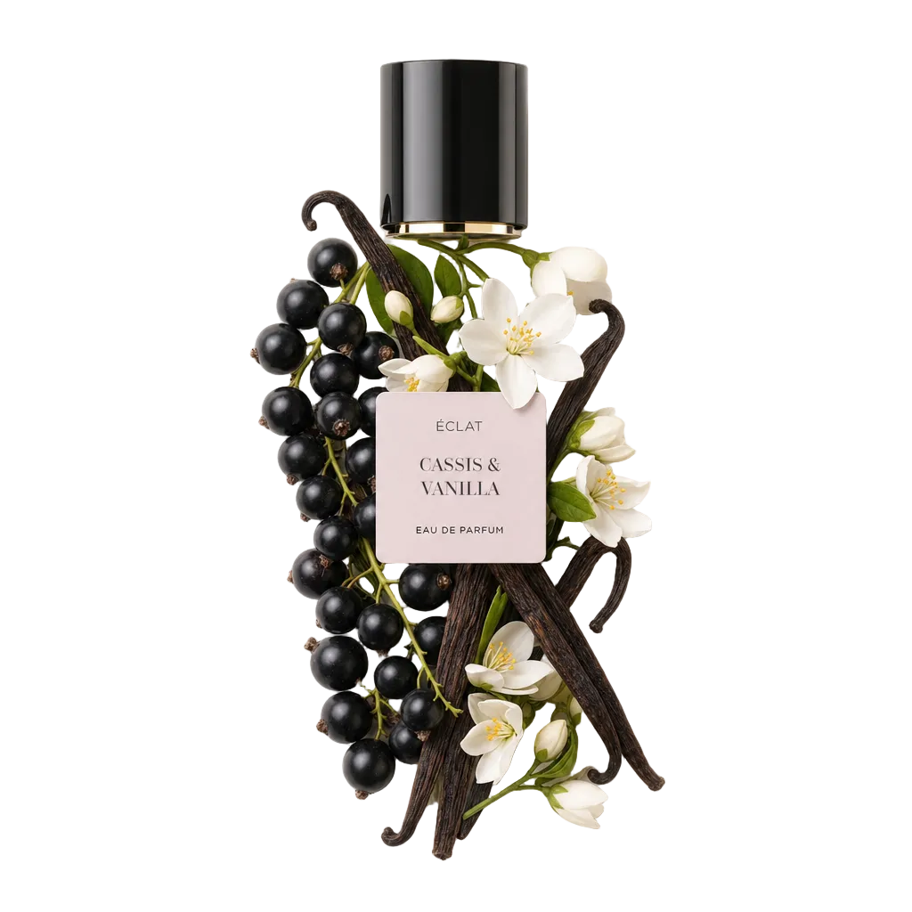 Aranżacja z czarnych porzeczek, strąków wanilii i białych kwiatów otacza czarną nakrętkę z etykietą ÉCLAT Cassis & Vanilla.