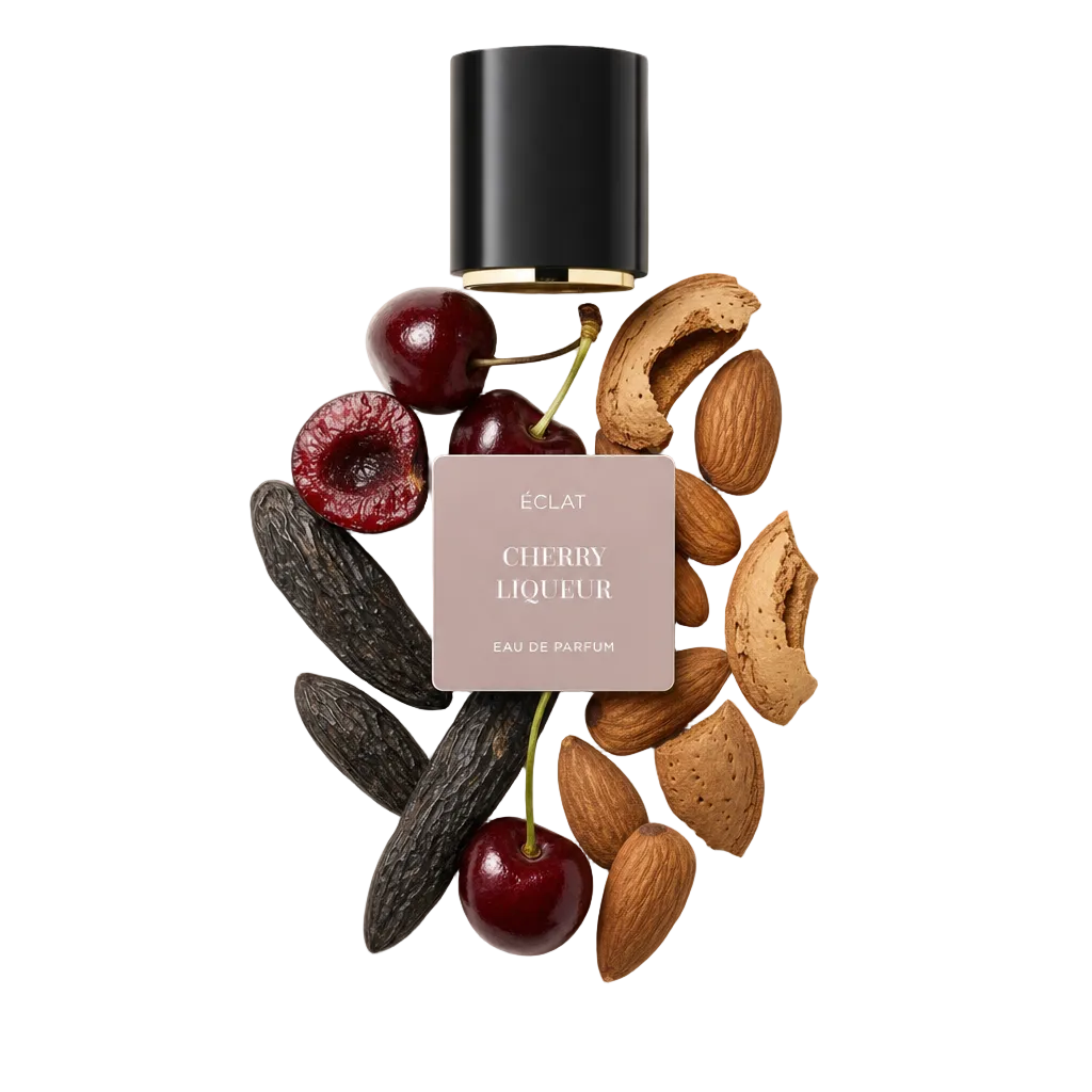 Starannie zaaranżowana martwa natura z wiśniami, laskami wanilii, migdałami i skorupkami otacza czarną nasadkę z etykietą ÉCLAT Cherry Liqueur.