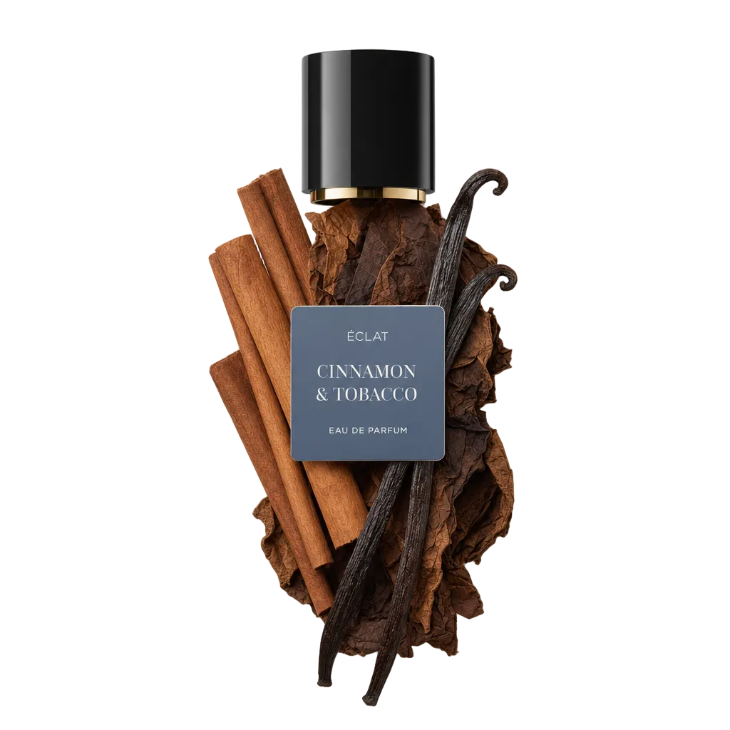 Kompozycja z lasek cynamonu, liści tytoniu i strąków wanilii otacza czarną nakrętkę z etykietą ÉCLAT Cinnamon & Tobacco.