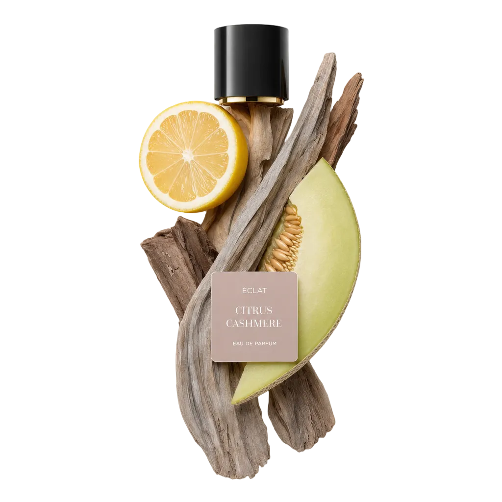 Aranżacja z plastrów cytrusów i kawałka melona na dryfującym drewnie, pokazująca nuty zapachowe ÉCLAT Citrus Cashmere pod czarną nasadką z etykietą.
