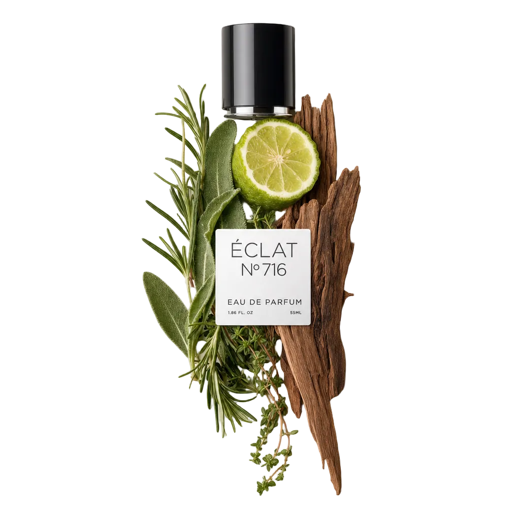Kompozycja ze świeżego rozmarynu, szałwii, limonki, tymianku i nut drzewnych otacza czarną nakrętkę z etykietą pokazującą ÉCLAT Citrus Herbs.